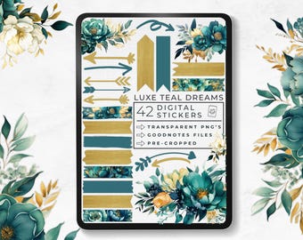 Digital Stickers Teal Dreams, Luxe Aesthetic, Moody Floral Planner, Elegant Washi Tape, Opulent Teal and Gold Accent, Goodnotes Sticker Book