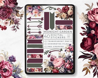 Digital Stickers Midnight Garden, Romantic Aesthetic, Moody Plum and Dark Sage Washi Tape, Opulent Floral Accents, Goodnotes Sticker Book