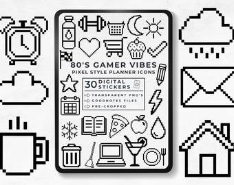 Pixel Style Planner Icons, 80's Gamer Vibe, Minimalist Planner Tools, Black Outline Icons, 8-Bit Style Icons, Goodnotes Digital Sticker Book