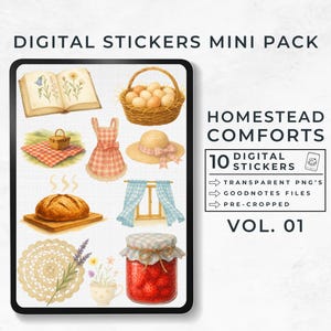 Könnte beinhalten: Digitales Sticker-Mini-Pack mit Aquarellillustrationen von Homestead-Komfort. Enthält Bilder von einem Picknickkorb, Brot, Marmelade, einer Schürze, einem Sonnenhut und mehr. Der Text lautet "Homestead Comforts" und "Vol. 01".