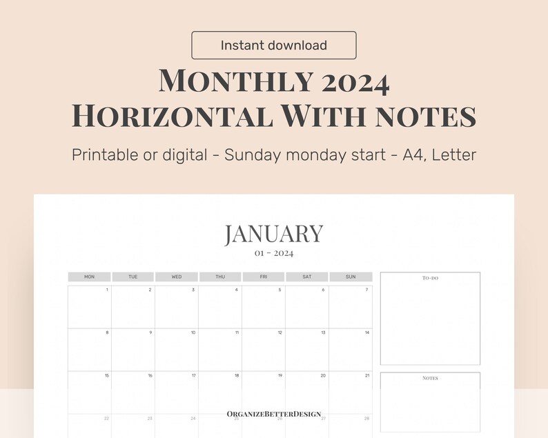 2024 Digital Horizontal Monthly Calendar 2024 Fillable Etsy
