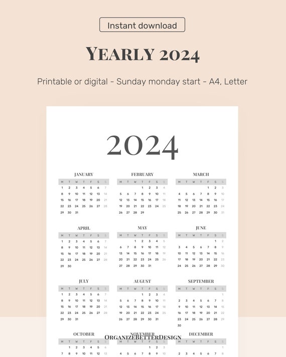 2024 Annual Calendar Printable Template, Year at a Glance, Minimalist  12-month Vertical Calendar, Printable Calendar Template - Etsy