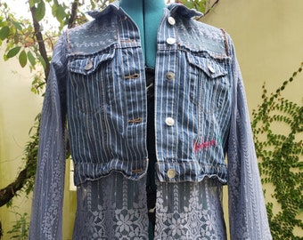 Light blue with white lines/Light blue lace Jacket, small size, one of a kind, up-cycled.