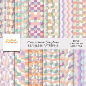 Op de afbeelding: Een collectie van twaalf naadloze digitale patronen met retro curve gingham ontwerpen in pasteltinten van oranje, groen, paars en crème. De afbeelding bevat de tekst Digital Favored, Retro Curve Gingham SEAMLESS PATTERNS, 12 PNG, 30,48 cm x 30,48 cm, 300DPI PNG.