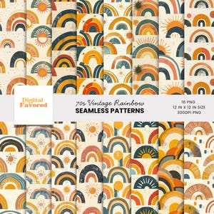 Puede incluir: Una colección de 16 patrones sin costuras con un tema de arcoíris vintage de los años 70. Los diseños presentan arcoíris y soles coloridos en tonos naranja, amarillo, azul y crema. Los patrones miden 30,48 cm por 30,48 cm.