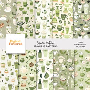 Könnte beinhalten: Eine Sammlung von zehn nahtlosen Mustern mit grünen Matcha-Getränken und Desserts. Die Designs umfassen verschiedene Matcha-Getränke, Kuchen und Blätter in Grün- und Weißtönen. Der Text "Green Matcha SEAMLESS PATTERNS" wird angezeigt.