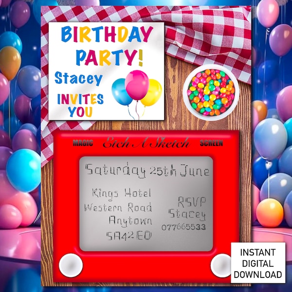 Hand Made Creative Unusual Birthday Party Invitation Template Etch A Sketch Style Instant Download