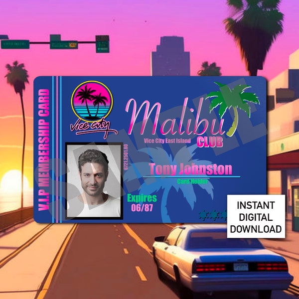 Carte de membre du Malibu Club inspirée de GTA Grand Theft Auto Vice City dessinée à la main