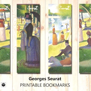 Può includere: Set di quattro segnalibri stampabili con l'opera puntinista di Georges Seurat. Ogni segnalibro mostra una sezione diversa del dipinto, con il nome dell'artista e il testo "PRINTABLE BOOKMARKS" in basso. I segnalibri sono rettangolari.