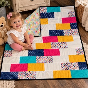 Colorful Patchwork Baby Quilt, Handmade Baby Blanket, Reversible Floral Quilt, Bright Nursery Decor, 42 x 36 Inches