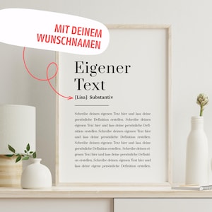 Könnte beinhalten: Ein gerahmter Druck mit dem deutschen Text "Eigener Text" (Eigener Text) und dem Text "[Lisa] Substantiv" (Substantiv). Der Druck befindet sich in einem hellen Holzrahmen und enthält den Text "MIT DEINEM WUNSCHNAMEN" (Mit Ihrem Wunschnamen).
