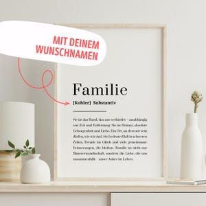 Könnte beinhalten: Ein gerahmter Druck mit dem deutschen Wort "Familie" in minimalistischem Design. Der Druck enthält eine Definition und eine Beschreibung der Familie. Der Text "MIT DEINEM WUNSCHNAMEN" ist ebenfalls sichtbar.