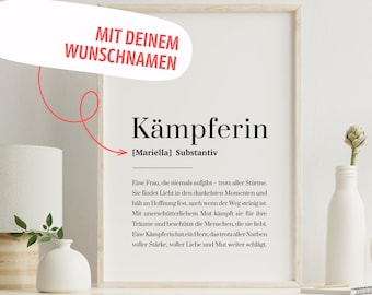 Kämpferin Poster personalisiert mit Name & Definition – A4+A5 Wandbild  Geschenk Motivation, Genesung Brustkrebs, Krankheit oder Krise