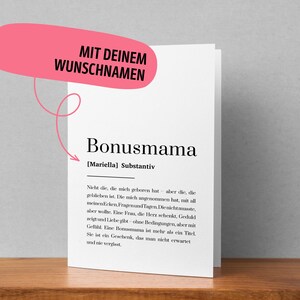 Personalisierte Bonusmama Grußkarte zum Muttertag – Wörterbuch Definition Karte für Stiefmutter & Patchwork Mama, Danke Geschenk