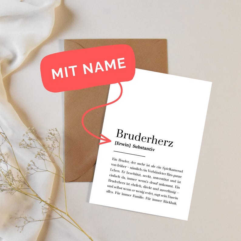 Bruderherz Karte A6 weiß – Definition Geschenk für Bruder – personalisiert mit Name – emotionale Typografie-Karte modern & schlicht