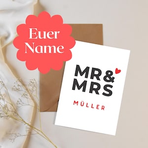 Personalisierte Hochzeitskarte MR & MRS mit Nachnamen – Stilvolle Karte zur Hochzeit, Geschenk für Brautpaar, individuelle Feier Einladung