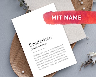 Geschenk für Bruder, Bruderherz Karte personalisiert – Definition A6 weiß – für Bruder mit Name – Geburtstag, großer Bruder, Brüderchen