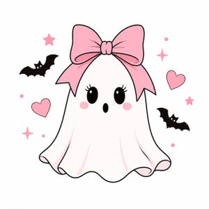 May include: A white ghost illustration featuring a large pink bow on its head, black eyes with eyelashes, and pink circular cheeks. The design includes two black bats, two pink hearts, and several small pink stars scattered around the ghost.