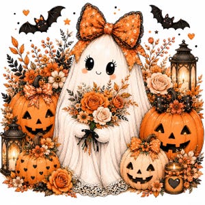 May include: A white ghost illustration featuring a large orange floral bow, holding a bouquet of orange and white flowers. The scene includes three jack-o'-lanterns, two black lanterns with glowing candles, and two small bats against a white background.