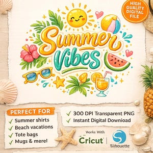 Summer Vibes PNG, Summer Vacation Clipart, Beach PNG, Tropical Sublimation Design, Cute Summer Shirt Design, Instant Download