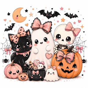 May include: A digital illustration featuring a black cat, a white ghost, and a skeleton, all adorned with pink bows. They are surrounded by orange and pink pumpkins, a black cauldron filled with candy, bats, stars, and spiderwebs.