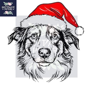 May include: A detailed black and white illustration of a dog wearing a red Santa hat with a white pom-pom. The dog has a black nose and is set against a gray background. The text "BRITTANYE PETERS" is in the upper left corner.