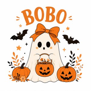 May include: A white ghost character wearing a large orange bow, holding a jack-o'-lantern bucket filled with flowers. The word BOBO is printed above. Two jack-o'-lanterns, black bats, orange stars, and leafy branches surround the central figure.