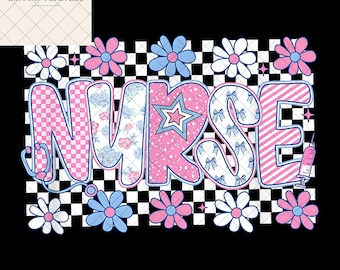 Pastel Nurse PNG, Checkered Floral Nurse Sublimation, Retro Nurse Clipart Design, Cute Pink Blue Nurse Life Digital File for Shirt