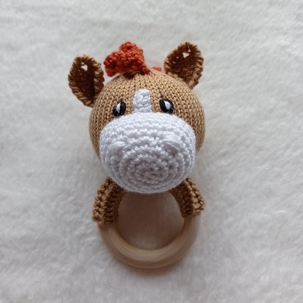 Horse Brown with White -  Baby Rattle Toy on Wooden Teething ring