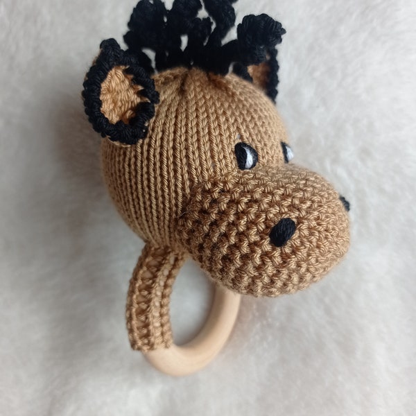 Horse Brown with Black -  Baby Rattle Toy on Wooden Teething ring