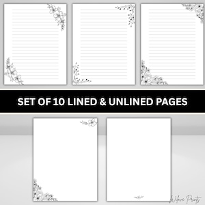 Puede incluir: Un conjunto de diez páginas rayadas y sin rayar. Las páginas son blancas con diseños florales negros en las esquinas. El texto "SET OF 10 LINED & UNLINED PAGES" se muestra en una pancarta negra. El texto "Wifove Prints" está en la esquina inferior derecha.