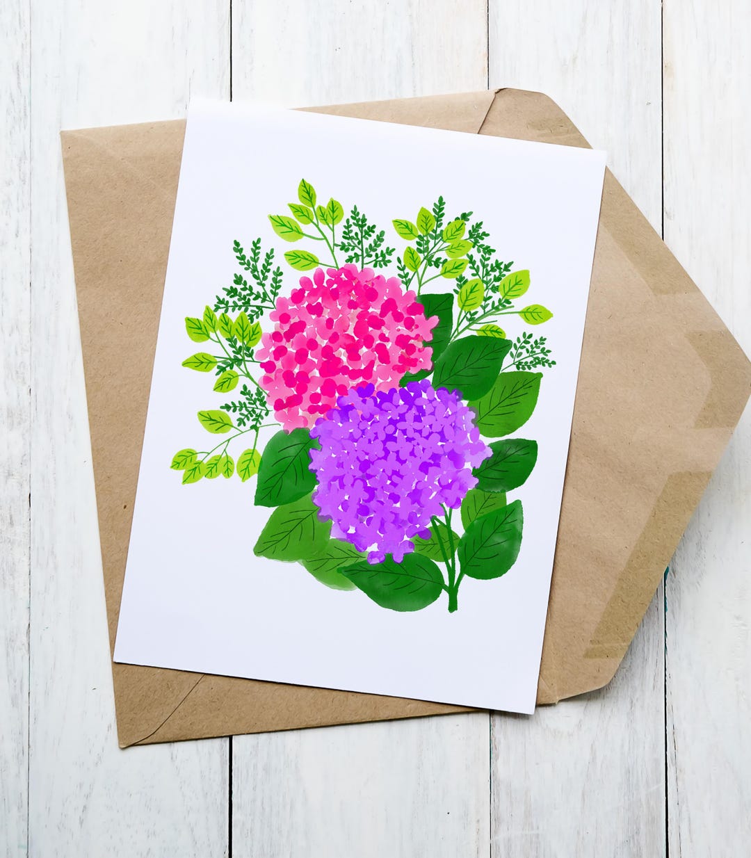 Pink and Purple Hydrangea Floral Illustration Notecard Card Set| 5x7 in ...