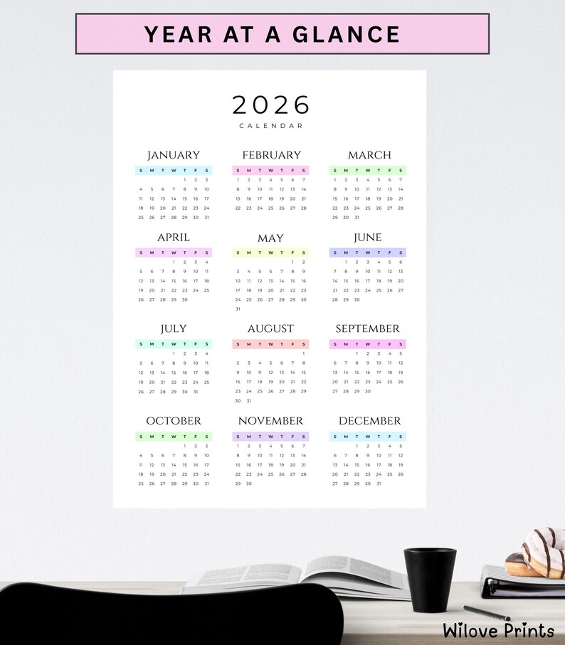 Minimalist 2026 Yearly Wall Calendar Year at a Glance Printable ...