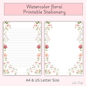 Papel de escritura imprimible con diseño floral de acuarela, con y sin rayas, papel digital para cartas, páginas de diario estéticas, tamaño A4, carta de EE. UU.
