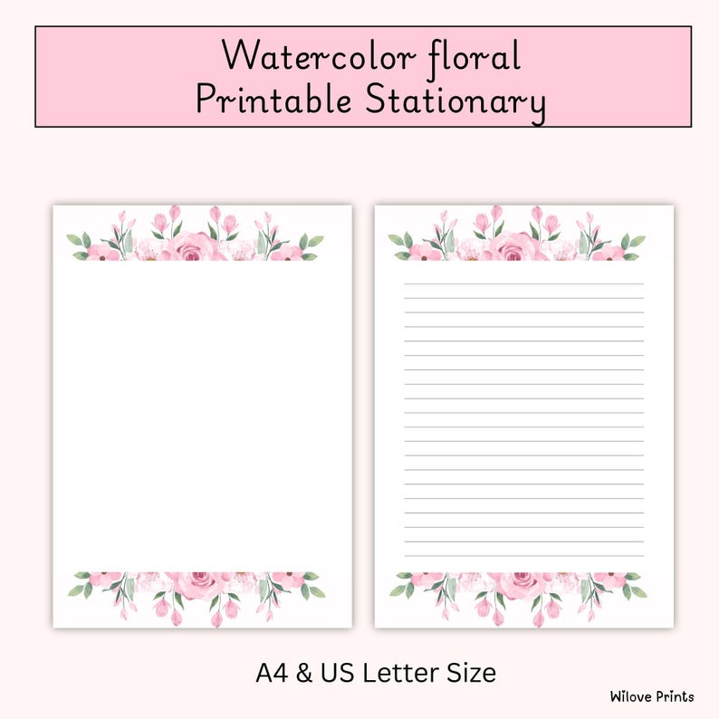 Printable Pink Floral Stationery Set, Watercolor Pink Rose Writing ...