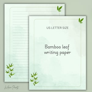 Papel de escribir de hojas de bambú, verde, juego de papelería imprimible, botánico, rayado, sin rayar, descarga digital, elegante juego de escritura de cartas, carta de EE. UU.