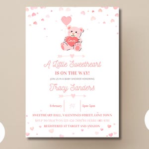 Invitación para baby shower "Un pequeño amor está en camino" / Invitación para revelar el género del bebé en San Valentín / Plantilla Canva / Papelería imprimible