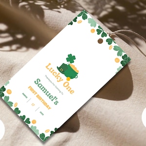 Etiqueta de agradecimento para o primeiro aniversário da Lucky One | Etiqueta para lembrancinhas da festa de 1º aniversário da Shamrock | Modelo Canva | Papelaria para impressão Green Boys