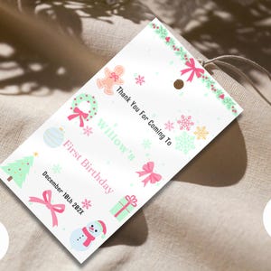 Oh, que divertido é ser um primeiro aniversário Obrigado Tag | Etiqueta de lembrancinha de festa de 1º aniversário de Natal | Modelo Canva | Papelaria para impressão