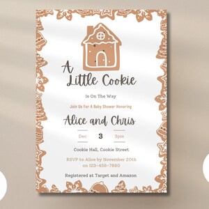 Invitación para baby shower "A Little Cookie Is On The Way" / Invitación para revelación de género con diseño de pan de jengibre / Plantilla Canva / Papelería navideña
