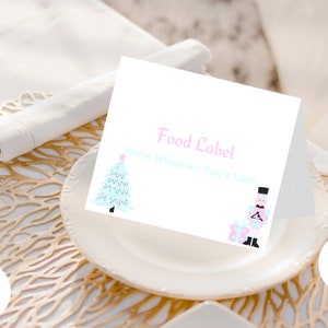Rótulo de comida do primeiro aniversário do quebra-nozes | Cartão de lugar dobrável em tenda para o primeiro aniversário de Natal | Modelo Canva | Papelaria de papel para impressão para meninas | Natal