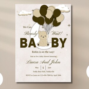 Invitación para baby shower con osito de peluche de género neutro / Invitación estética marrón para revelación de género / Plantilla Canva / Fiesta temática We Can Bearly Wait