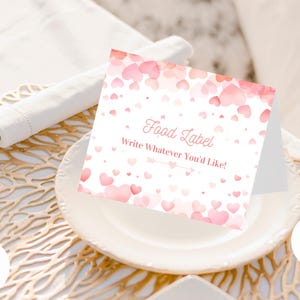Etiqueta de comida para baby shower de un pequeño amor / Tarjeta de lugar para revelar el género del bebé / Plantilla de Canva / Papelería imprimible