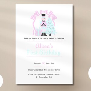 Invito per la festa del primo compleanno dello Schiaccianoci / Invito per il primo compleanno di Natale / Modello Canva / Cancelleria cartacea stampabile per ragazze / Natale minimo