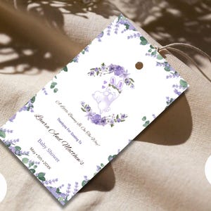 Un petit lapin est en route Étiquette de remerciement pour baby shower | Cadeau de fête révélateur de sexe lavande | Modèle de toile | Papeterie imprimable