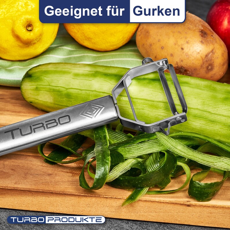 TURBO PRODUKTE Turboschäler-Sparschäler aus Edelstahl für Obst u. Gemüse Vor-und Rückwärts mit Pendelklinge für Links & Rechtshänder Bild 5