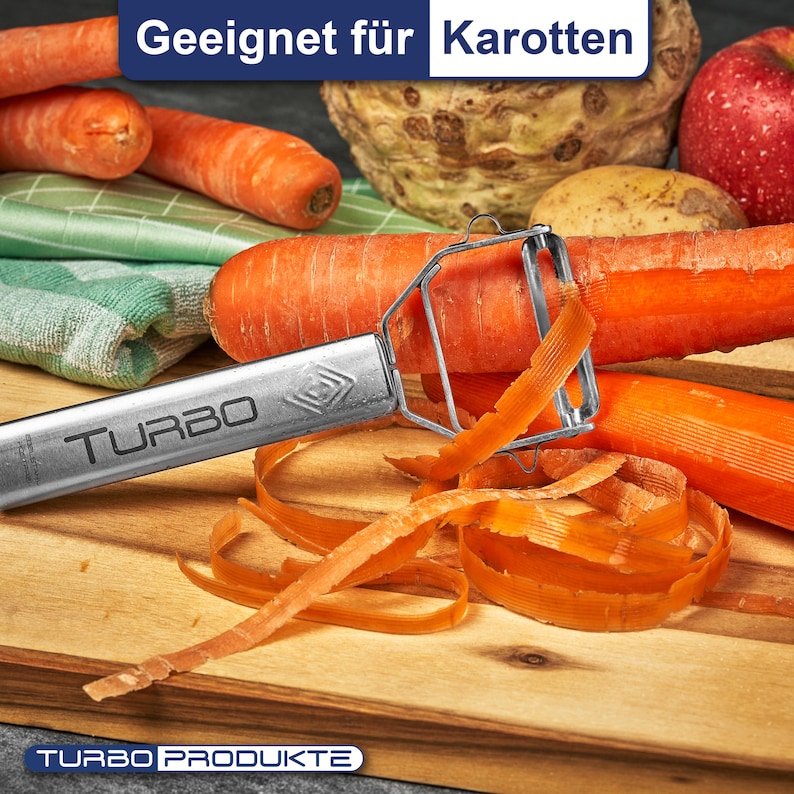 TURBO PRODUKTE Turboschäler-Sparschäler aus Edelstahl für Obst u. Gemüse Vor-und Rückwärts mit Pendelklinge für Links & Rechtshänder Bild 6