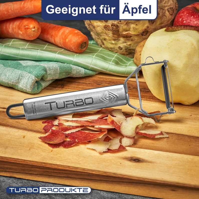 TURBO PRODUKTE Turboschäler-Sparschäler aus Edelstahl für Obst u. Gemüse Vor-und Rückwärts mit Pendelklinge für Links & Rechtshänder Bild 3