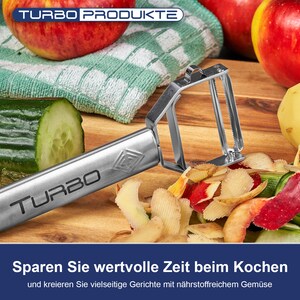 TURBO PRODUKTE Turboschäler-Sparschäler aus Edelstahl für Obst u. Gemüse Vor-und Rückwärts mit Pendelklinge für Links & Rechtshänder Bild 9