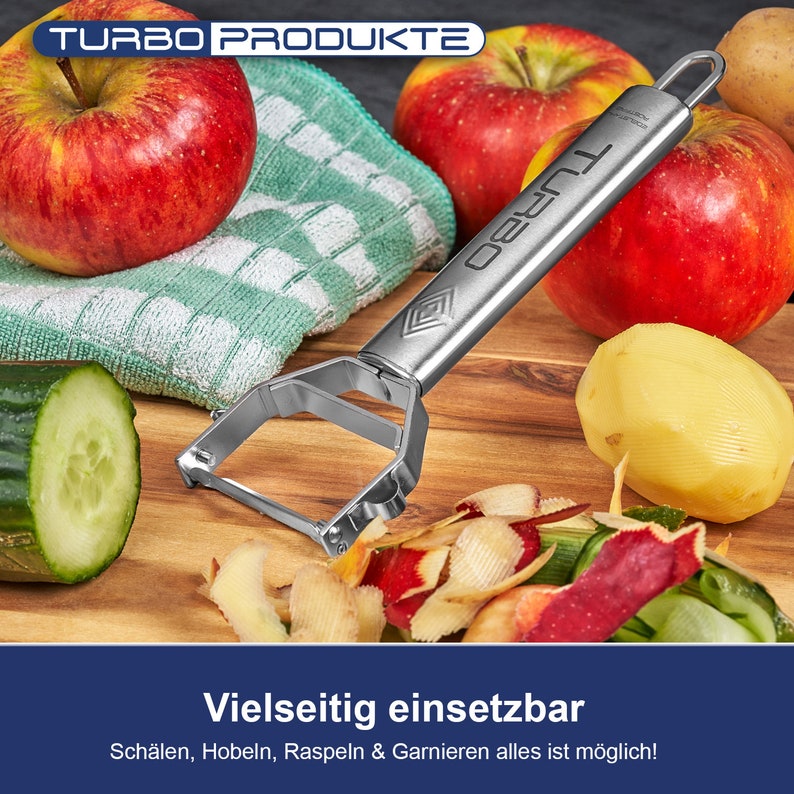 TURBO PRODUKTE Turboschäler-Sparschäler aus Edelstahl für Obst u. Gemüse Vor-und Rückwärts mit Pendelklinge für Links & Rechtshänder Bild 4